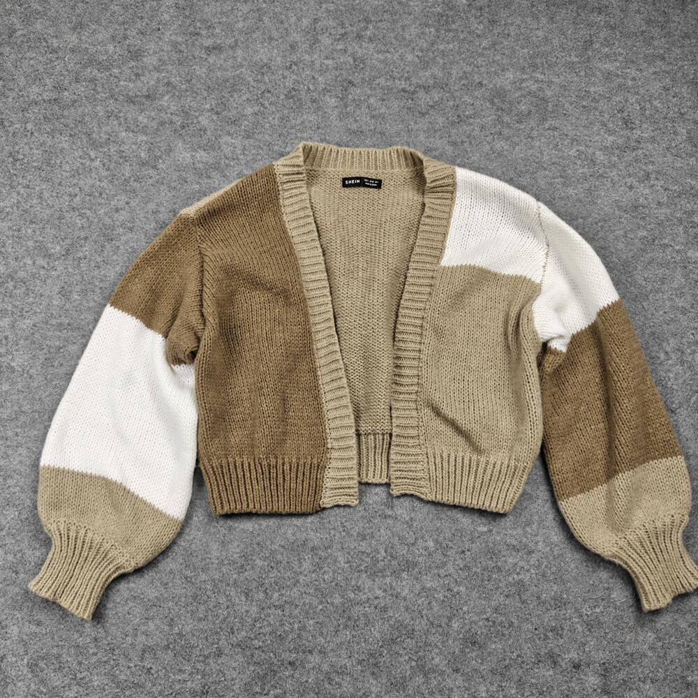 SheIn Cardigan Womens Small Beige Chunky-Knit Open Collarless Balloon Sleeve